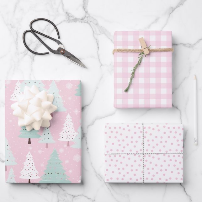 Rosa Weihnachtsbaum Geschenkpapier Set (Vorderseite)