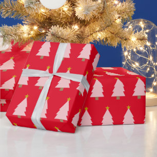 Rosa Weihnachtsbaum Line & Golden Star auf Rot Geschenkpapier