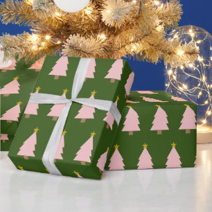 Rosa Weihnachtsbaum Linie Golden Star Forest Green Geschenkpapier