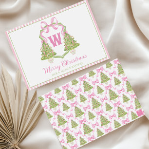Rosa Weihnachtsbaum-Monogrammwappen mit Nussknacke Feiertagskarte
