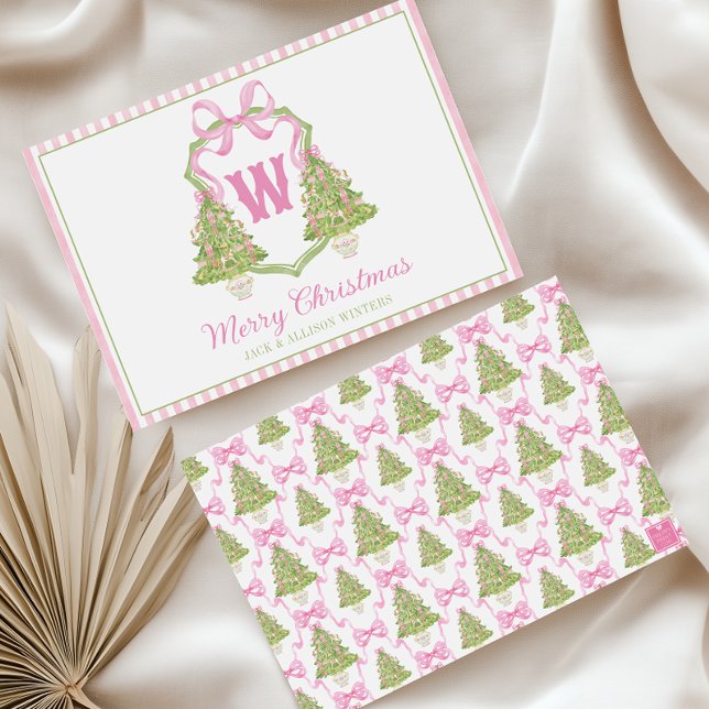 Rosa Weihnachtsbaum-Monogrammwappen mit Nussknacke Feiertagskarte (Von Creator hochgeladen)