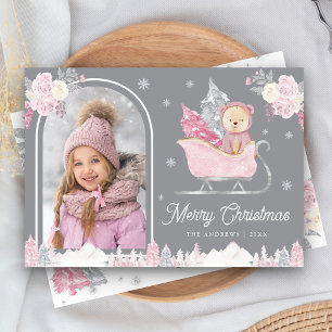 Rosa Weihnachtsbaum Niedlich Teddy Arch Foto Grau Feiertagskarte
