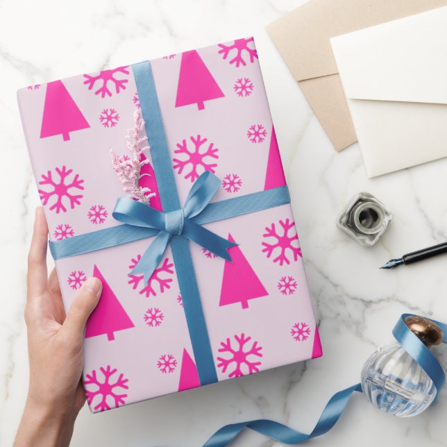 Rosa Weihnachtsbaum Snowflakes Geschenkpapier (Schenken)