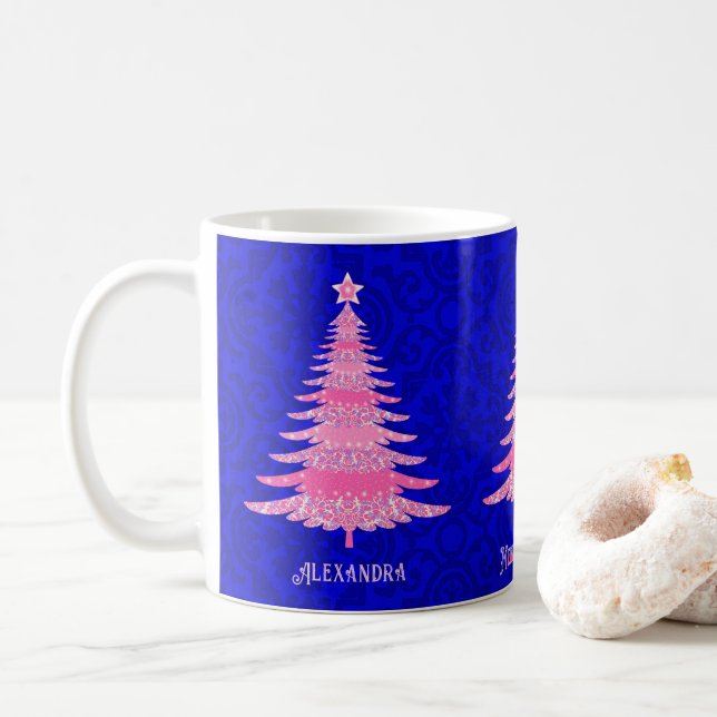 Rosa Weihnachtsbaum Sparkle Personalisierte Schnee Kaffeetasse (Mit Donut)