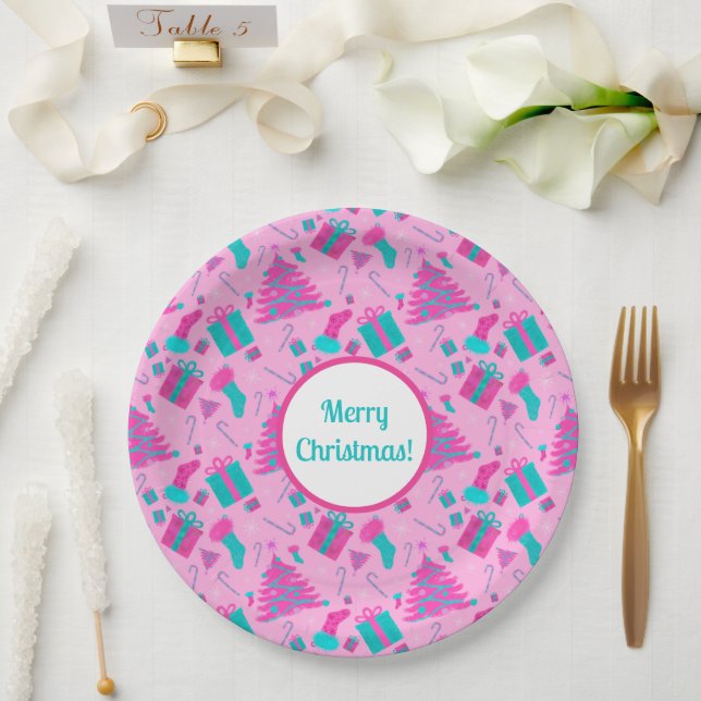 Rosa Weihnachtsbaum Strumpf Bonbons Geschenke Pappteller (Hochzeit)