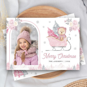 Rosa Weihnachtsbaum Süßer Teddy Bogen Foto Feiertagskarte