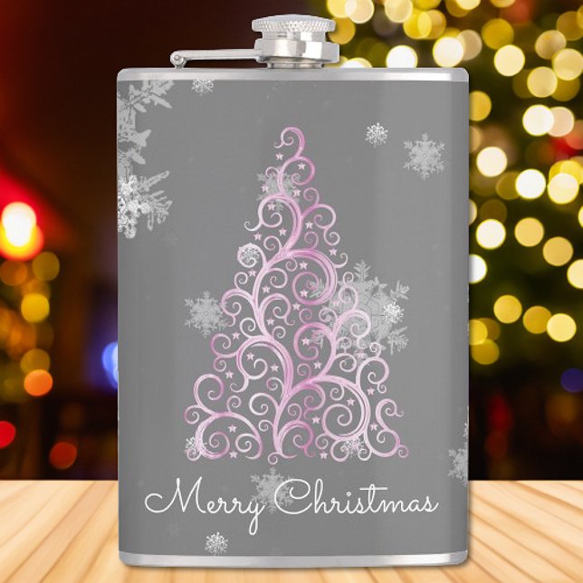 Rosa Weihnachtsbaum und Schneeflocken Flachmann (Pink Christmas Tree and Snowflakes Flask)