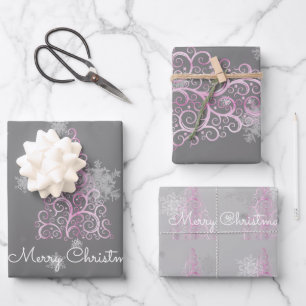 Rosa Weihnachtsbaum und Schneeflocken Wrapping Pap Geschenkpapier Set