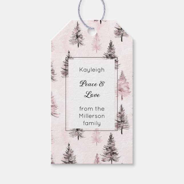Rosa Weihnachtsbäume Rechteck   Geschenkanhänger (Vorderseite)