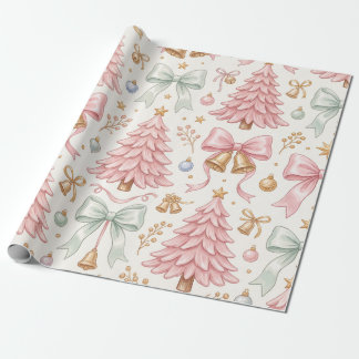 Rosa Weihnachtsbäume Satin-Schleifen & goldene Glo Geschenkpapier