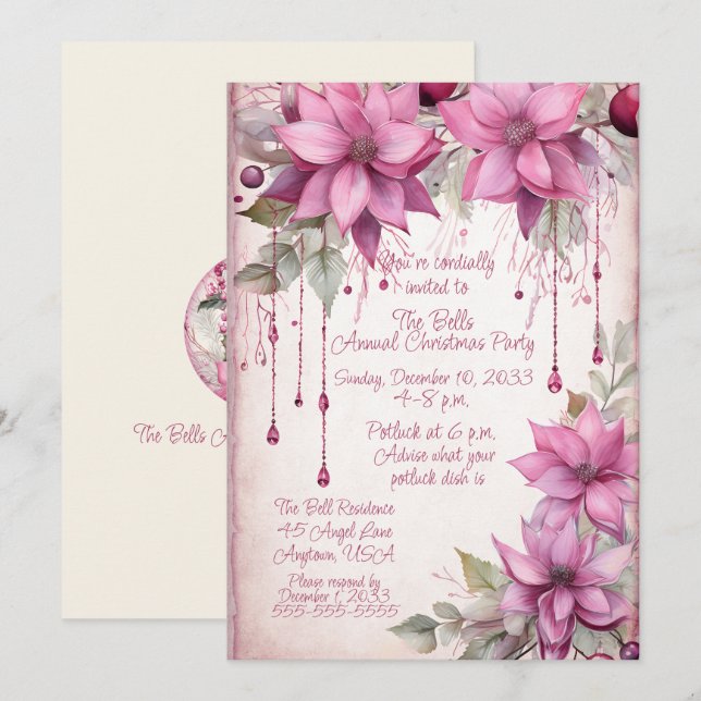 Rosa Weihnachtsfeiertage Jährliches Party Einladung (Vorne/Hinten)
