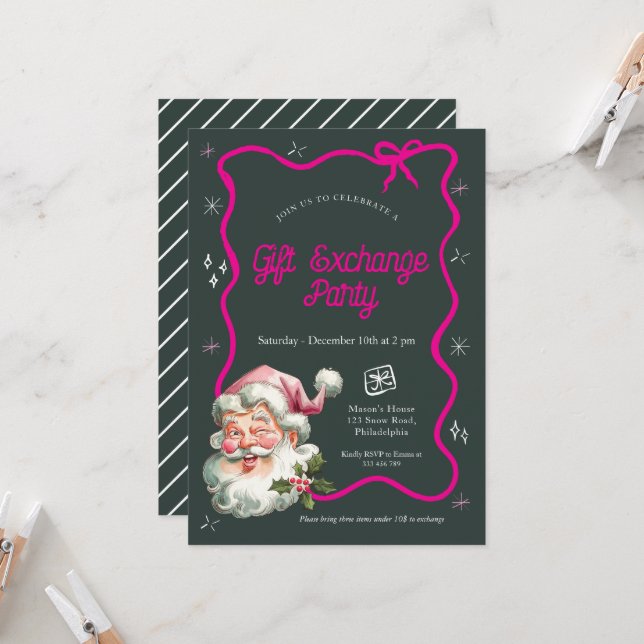 Rosa Weihnachtsgeschenk-Austausch Party Einladung (Vorderseite/Rückseite Beispiel)