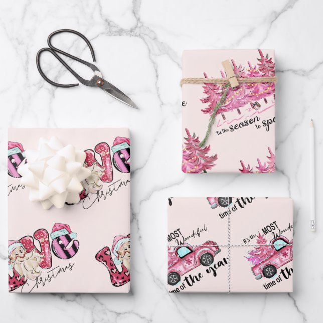 Rosa Weihnachtsgeschenk Wrap Geschenkpapier Set (Vorderseite)