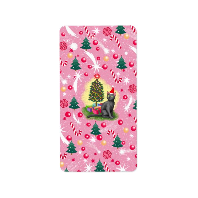 Rosa Weihnachtskatze Adressaufkleber (Vorne)