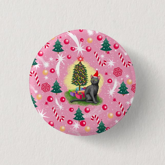 Rosa Weihnachtskatze Button (Vorderseite)