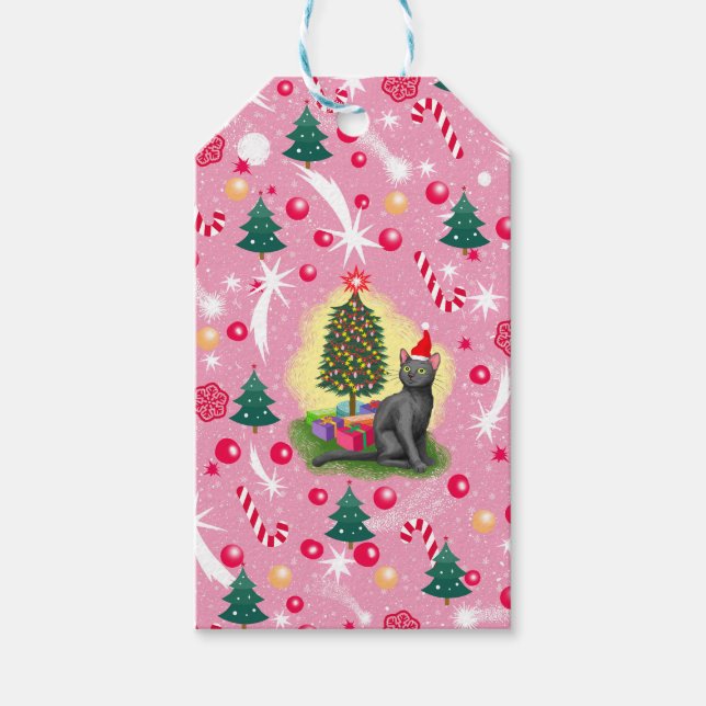 Rosa Weihnachtskatze Geschenkanhänger (Vorderseite)