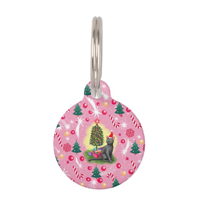 Rosa Weihnachtskatze Haustiermarke (Vorderseite)