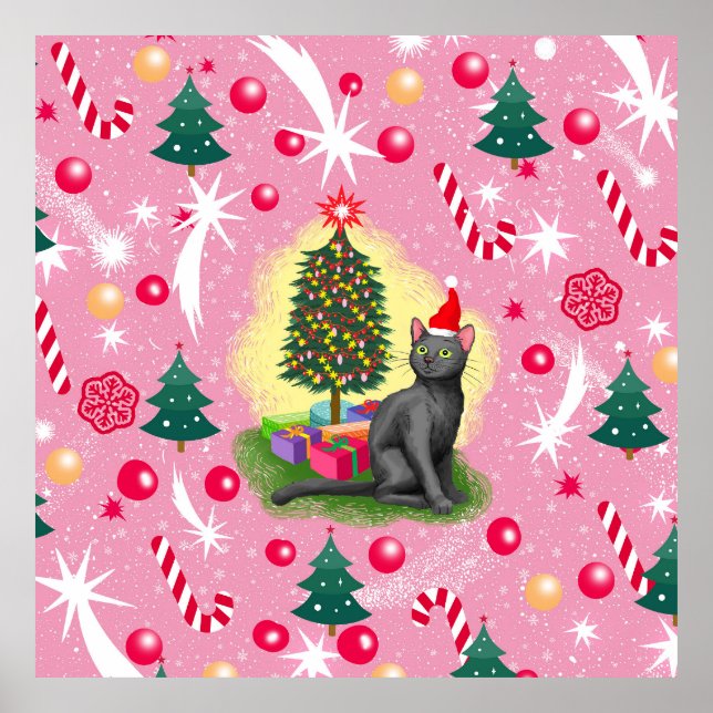 Rosa Weihnachtskatze Poster (Vorne)