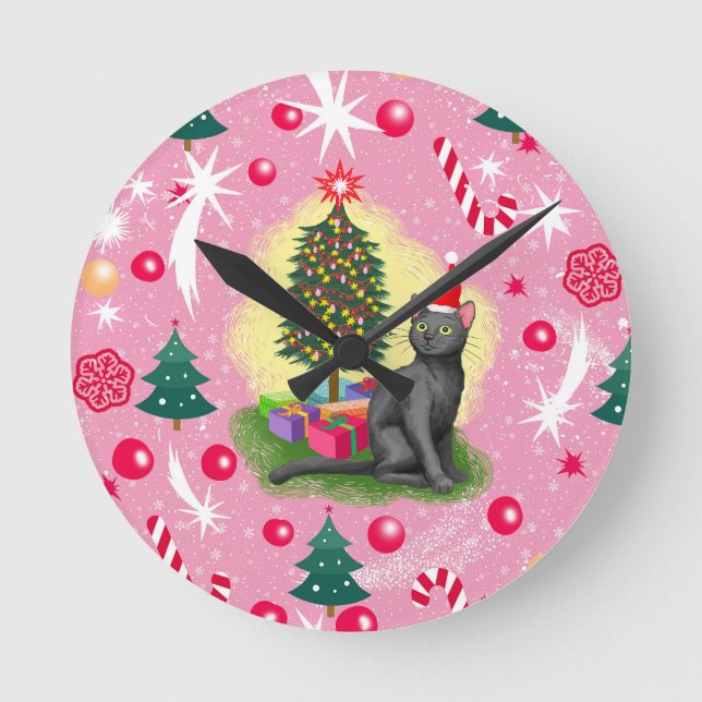 Rosa Weihnachtskatze Runde Wanduhr (Vorderseite)