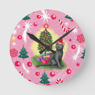 Rosa Weihnachtskatze Runde Wanduhr