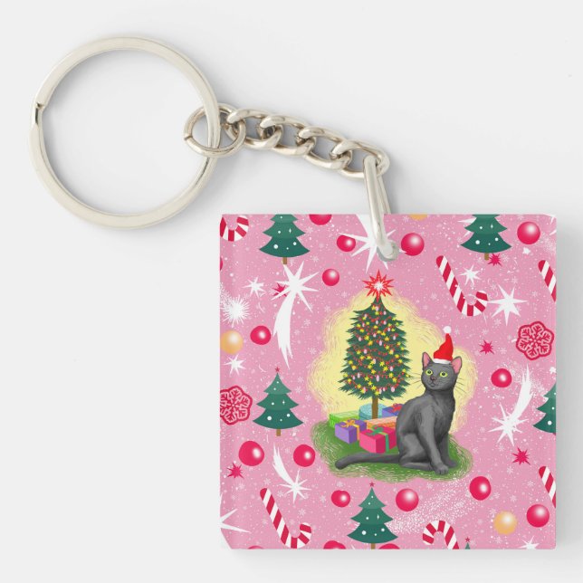 Rosa Weihnachtskatze Schlüsselanhänger (Vorderseite)