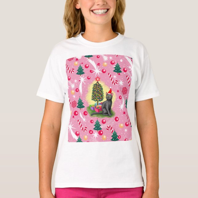 Rosa Weihnachtskatze T-Shirt (Vorderseite)