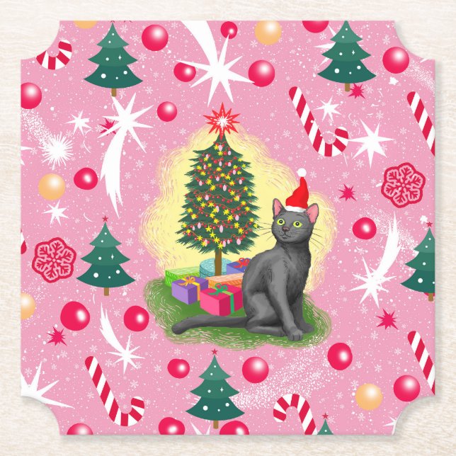 Rosa Weihnachtskatze Untersetzer (Vorderseite)