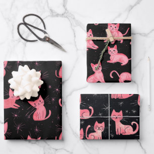 Rosa Weihnachtskatzen auf schwarz Geschenkpapier Set