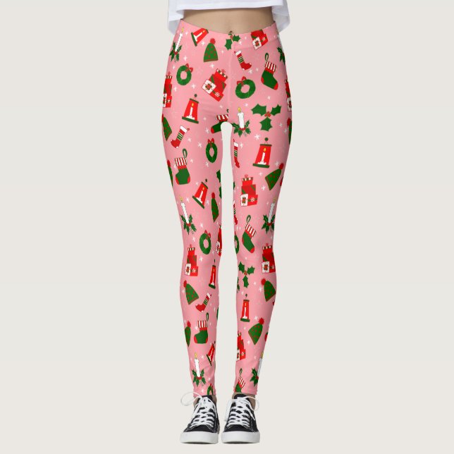 Rosa Weihnachtskranz Leggings (Vorderseite)
