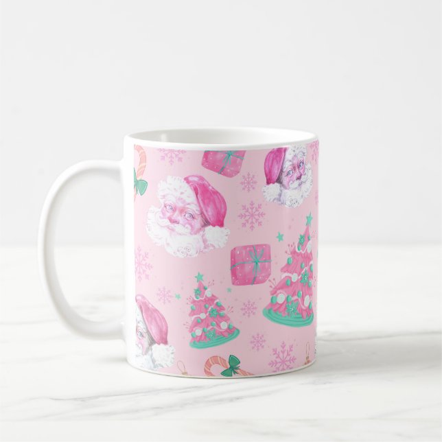 Rosa Weihnachtsmann-Claus-&-Baum-nahtloses Muster Kaffeetasse (Links)