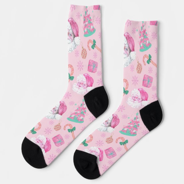 Rosa Weihnachtsmann-Claus-&-Baum-nahtloses Muster Socken (Linkes Detail)
