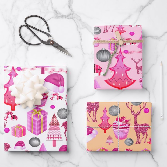 Rosa Weihnachtsmuster Geschenkpapier Set (Vorderseite)