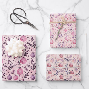Rosa Weihnachtsschmuckmuster mit Winter Foliag Geschenkpapier Set