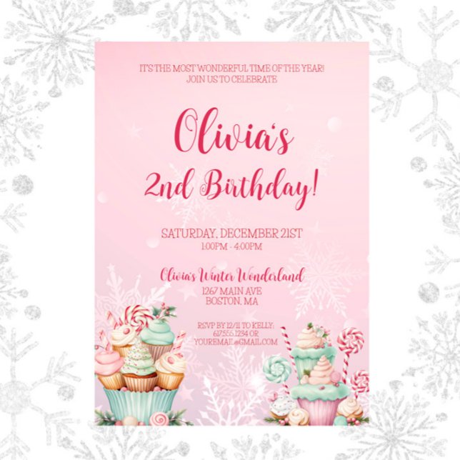 Rosa Weihnachtsschneeflocke Gebäck 2. Geburtstag Einladung (Pink Christmas Two Sweet Snowflake Cupcake Birthday Invitation )