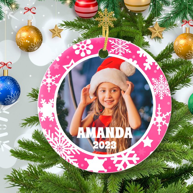 Rosa Weihnachtsschneeflocken Personalisiert Kids F Keramik Ornament (Von Creator hochgeladen)