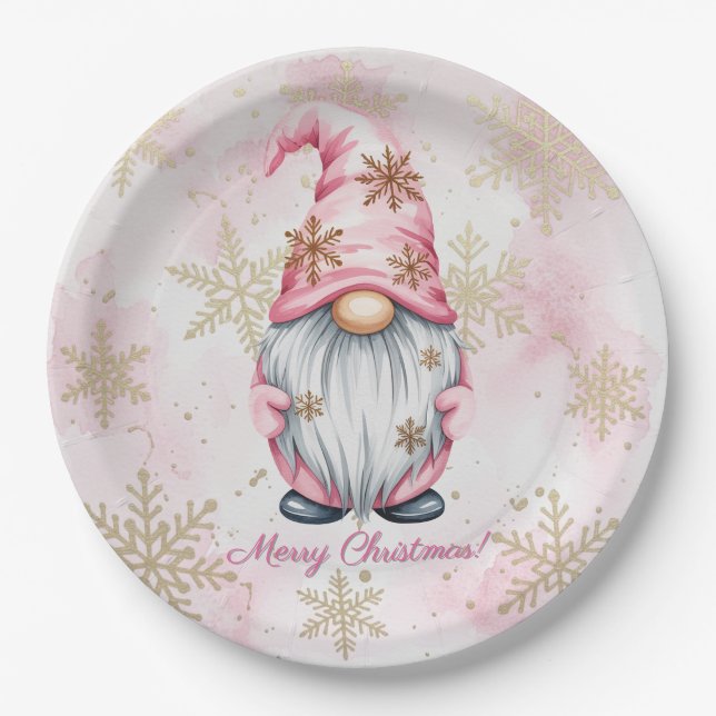Rosa Weihnachtszwerg Goldschneeflocken Pappteller (Vorderseite)