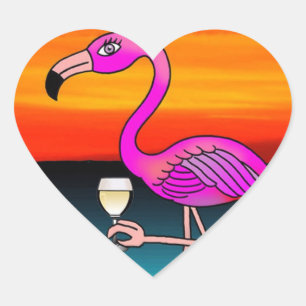 Rosa Wein trinkender Flamingo Herz-Aufkleber