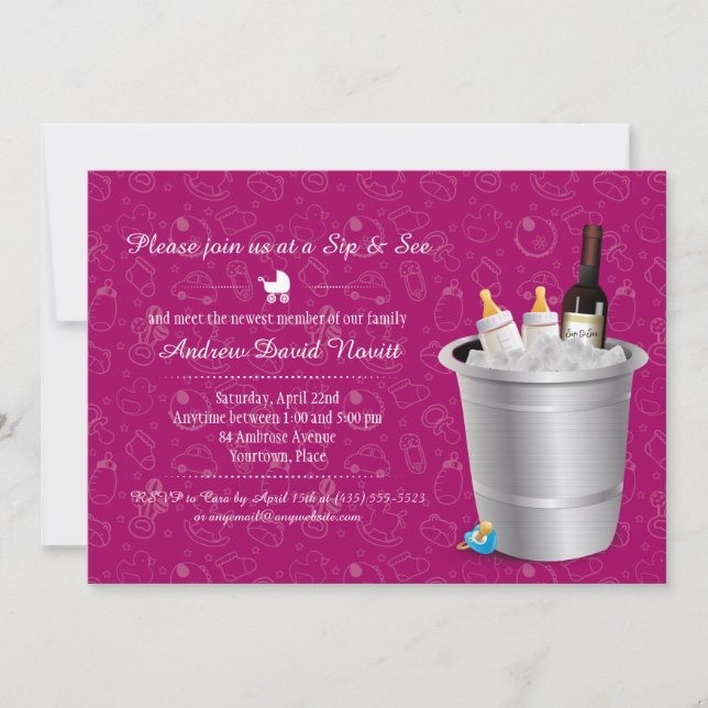 Rosa Wein und Babyflaschen Sip and See Baby Showro Einladung (Vorderseite)