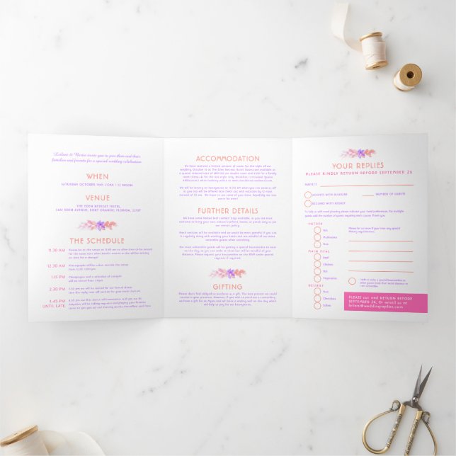 Rosa Weintraube Hochzeit in Rosa Dreifach Gefaltete Einladung (Innenseite)