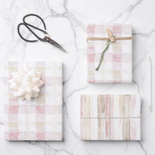 Rosa Weiß Creme Kariert Gestreift Junggesellinnena Geschenkpapier Set