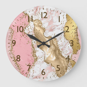 Rosa & Weiß & falsches Gold Glitter Achat Monogram Große Wanduhr