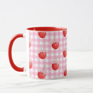 Rosa weiß gestreiftes Gingham-Mug mit süßem Erdbee Tasse