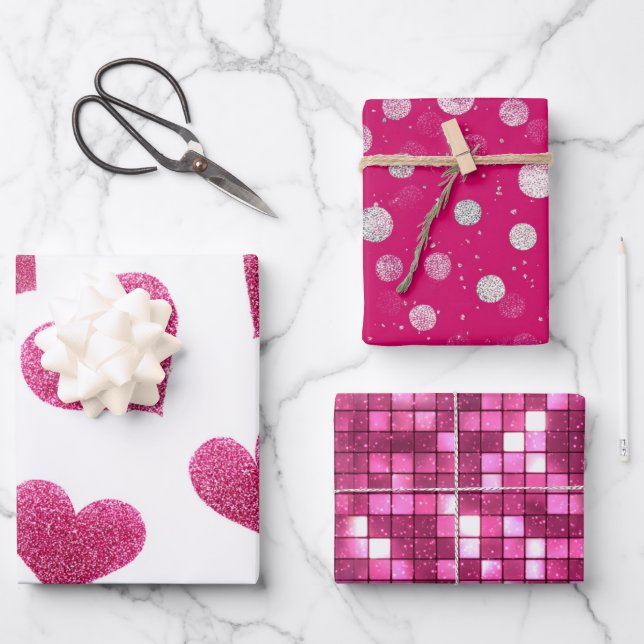 Rosa weiß glitzernde Herzen kariert  Geschenkpapier Set (Vorderseite)