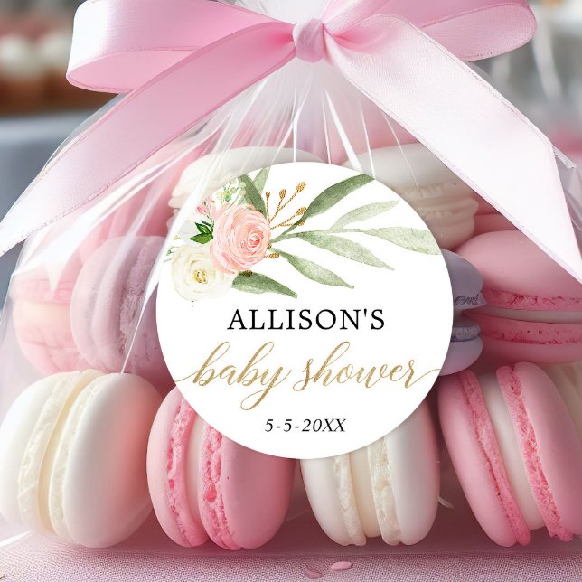 Rosa, weiß goldfarbene Blütenbaby Duschkleber Runder Aufkleber (Von Creator hochgeladen)