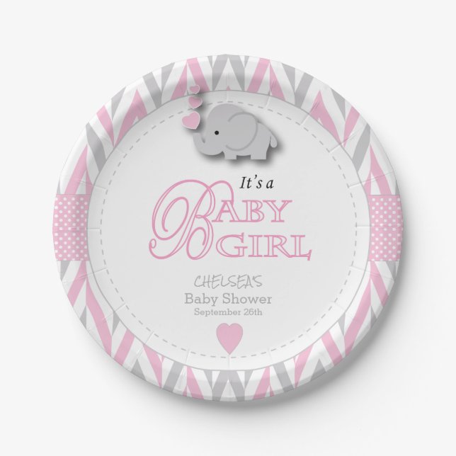 Rosa, Weiß-Grau-Elefant-Babydusche 2 Pappteller (Vorderseite)