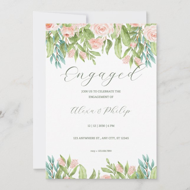 Rosa Weiß Grün Moderne Hochzeit Einladung (Vorderseite)