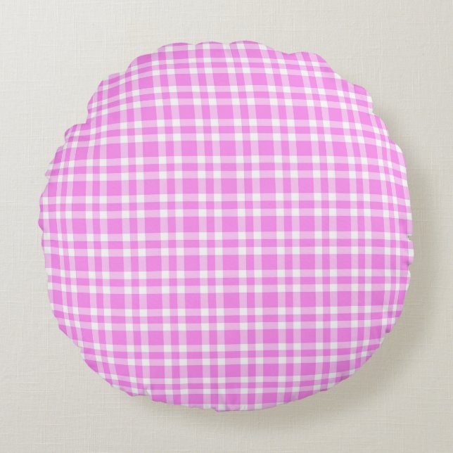 Rosa Weiß Karomuster Rundes Kissen (Vorderseite)