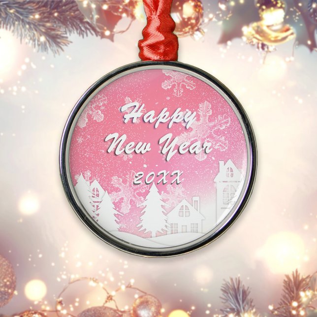 Rosa Weiß Schneehaus glücklich Neues Jahr Ornament Aus Metall (Von Creator hochgeladen)