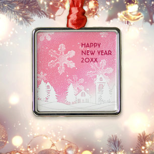 Rosa Weiß Schneehaus glücklich Neues Jahr Ornament Aus Metall