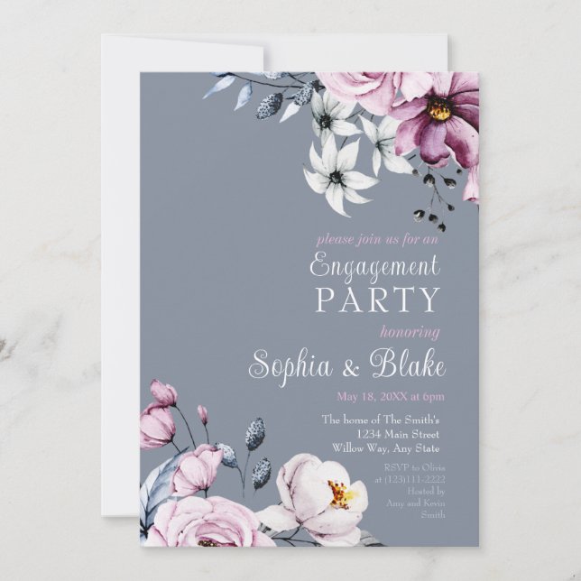 Rosa, Weiß und Blau | Grey Engagement Party Einladung (Vorderseite)